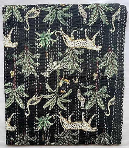 Handblock Jungle Tiger Print Handmade Cotton Kantha Quilting Throw Blanket Hippie Queen/King Size Bohemian Animal Block Kantha Quilt (Black)