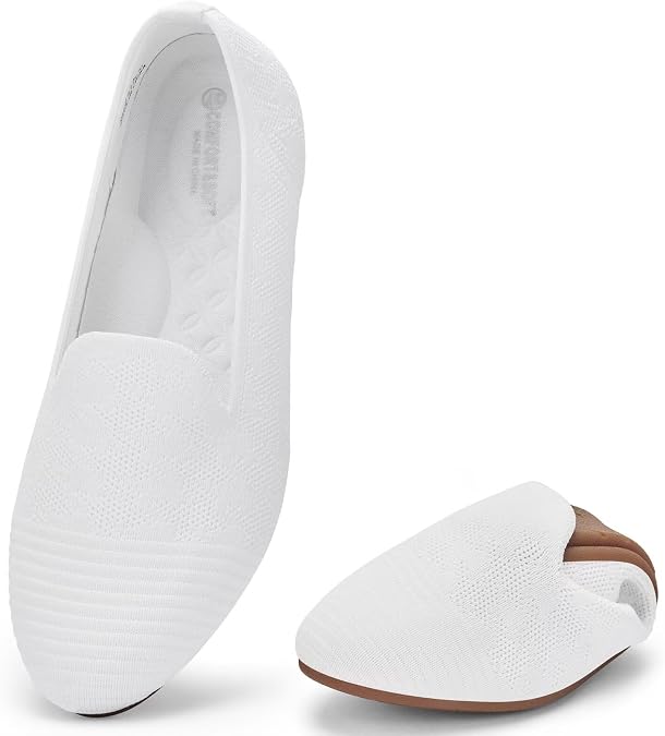 poemlady Womens Ballet Flat Shoes Dress Knit Round Toe Slip On Ballerina Walking Flats Shoes for Woman Casual Comfort Soft, A/White 9.5