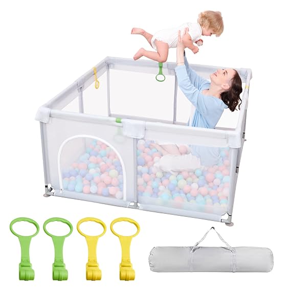 Baby Playpen 51-Inch Large Playyard for Toddler - Reliable Kids Activity Center for Infant, Sturdy Safety Playpen with Thickened Pipes+ Anti-Slip Suckers+Soft Breathable Mesh(Light Gray, 51-Inch)