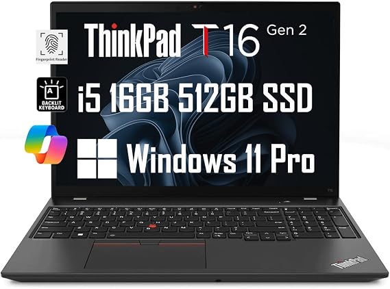 Lenovo ThinkPad T16 Gen 2 Business Laptop (16" FHD+ Anti-Glare, Intel 10-Core i5-1335U (> i7-1255U), 16GB RAM, 512GB SSD), Backlit, Fingerprint, Ethernet, Wi-Fi 6E, Webcam, Win 11 Pro w/AI Copilot