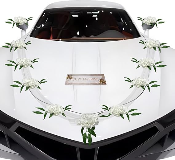 Artificial Wedding Car Decorations Kit with Suction Cups - White Rose Flowers, Bouquet, Ribbon Set