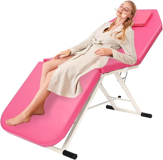 JINPRDAMZ Portable Massage Bed Table Foldable Beauty Couch, 3 Zones, Adjustable Reclining Beauty Salon Chair with Headrest Support for Massage, Physiotherapy, Tattoo, Pink, 182x60cm