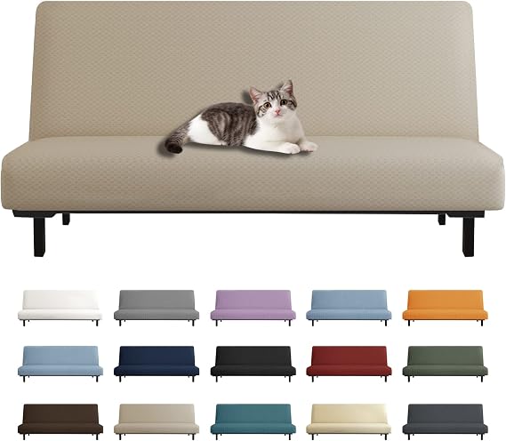 YEMYHOM Futon Cover Latest Jacquard Design High Stretch Armless Sofa Bed Slipcover Anti-Slip Furniture Protector with Elastic Bottom (Futon, Khaki)