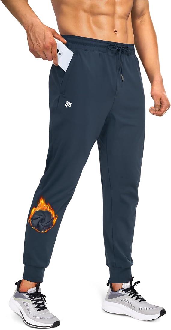 Mens Fleece Lined Joggers with Zipper Pockets, Water Resistant Winter Sweatpants for Hiking, Running, Gym