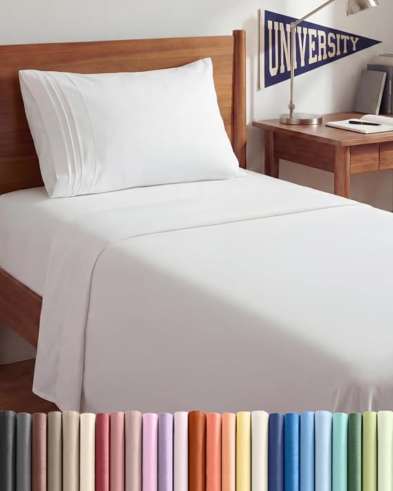 Twin XL 3 Piece Sheet Set - College Dorm Room Essentials - White