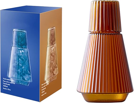 34oz Vintage Bedside Water Carafe and Glass Set, Classic Striped Glass Bedside Night Water Carafe with Tumbler Glass, Clear Glass Juice Water Pitcher for Bedroom Nightstand(Amber)