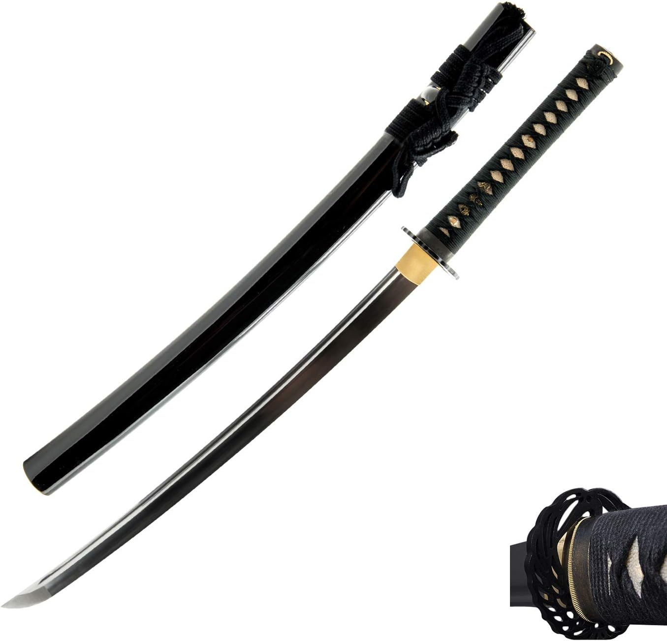 HMS Japanese Samurai Wakizashi Sword, Crane Tsuba, Hand Forged, Sharp 1095 Carbon Steel Blade, Black Scabbard, Sharp, Battle Ready