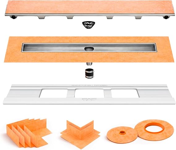 All-in-one 64" Center Waterproof Linear Shower Drain Kit Tileable | Includes Bonding Flange Center Outlet Channel Body and Drain Grate Assembly in Tileable Design