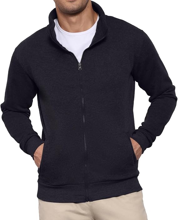 Men's Stand Collar Full Zip Sweatshirt No Hood Active Zip Up Cardigan