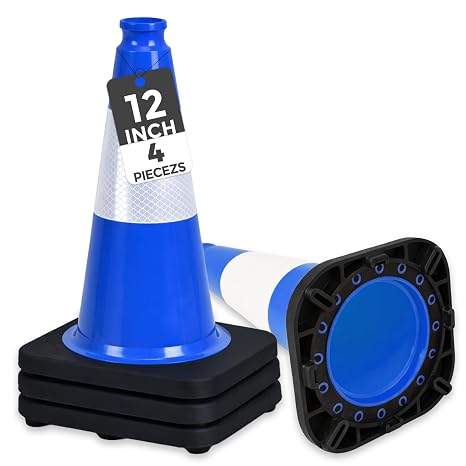 BESEA 4Pack 12 Inch Blue Traffic Cones with 4 Inch Reflective Collar, Heavy Duty PVC Safety Cones with 8.5 x 8.5 Inch Base for Parking, Driving Practice, Sports Training, and Construction