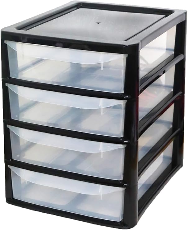 A4 Drawers Storage Unit, Plastic Storage Drawers, Desktop Table Top Storage Tower Unit Home, School, Office, Bedroom & Living Room Cosmetic Stationery Organizer (A4 4 Drawers Black)