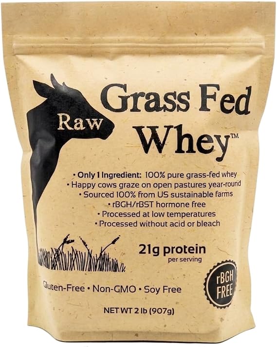 Raw Grass Fed Whey Protein Powder Unflavored, Only 1 Ingredient: Grass-Fed Whey from Happy, Healthy Cows Undenatured, Non-GMO, Hormone-Free, Gluten-Free, Made in USA, 2LB
