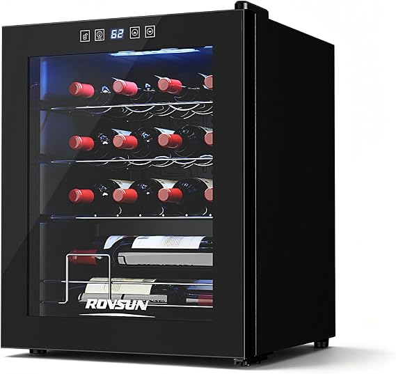 ROVSUN 22''H Small Wine Fridge with Compressor, 16 Bottles Freestanding Wine Cooler Refrigerator with Touch Panel Control and Glass Door, Wine Cellar for Red, White, Champagne or Sparkling, 41-64F
