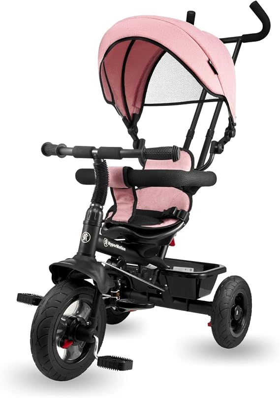 HyperMotion Toddler Tricycle with Parent Handle - Adjustable Push Bar Trike for Ages 1-4, Removable Canopy & Safety Belt - Lightweight Kids Bike with Storage Basket (Pink)