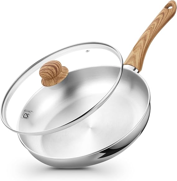 KOCH SYSTEME CS Stainless Steel Pan 12 Inch, Tri-Ply Bottom Stainless Steel Frying Pan with Heat-resistant Bakelite Handle, 12 Inch Skillet with Lid for Cooking, Induction Compatible Steel Pan