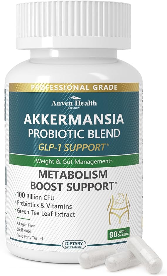 GLP-1 Supplement 100 Billion Akkermansia Probiotic & Prebiotic for Gut Health & Digestion, Metabolism & Energy Support with Vitamin B2 & D, Green Tea and Chromium - Non-GMO | 90 Capsules