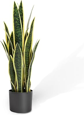KOL 2ft Artificial Snake Plant, 32 Lifelike Faux PVC Leaves, Indoor Home Garden Decor, Fake Sansevieria Potted Plants, Mother-in-Law Tongue, 25.6in Floor Greenery in Black Pot