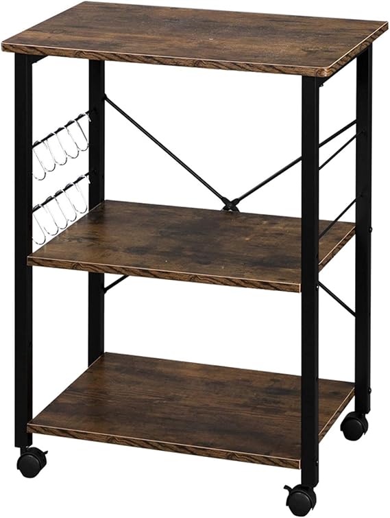 Industrial 3-Tier Rolling Serving Cart with Storage, Microwave Cart for Kitchen, Brown
