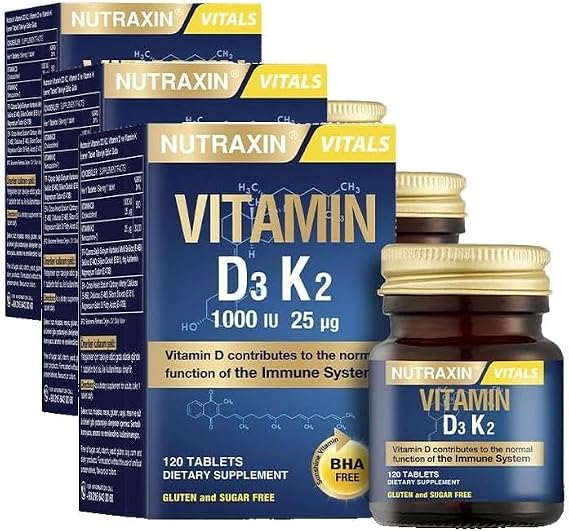 Nutraxin D3K2 120 Tablet - 1000 Iu D3 Vitamini, 25 Mcg K2 Vitamini (3 paketi)