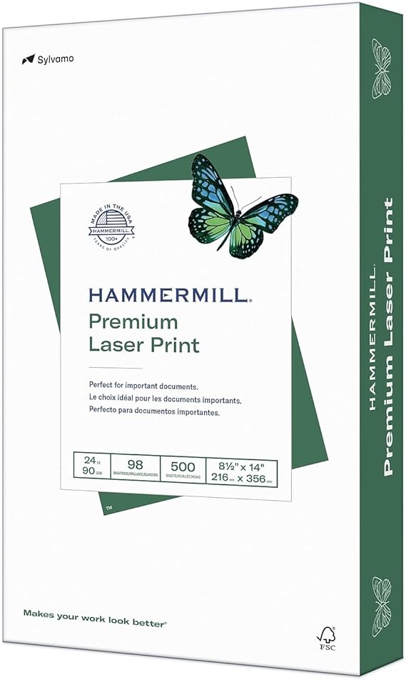 Hammermill 104612 Laser Print Office Paper, 98 Brightness, 24lb, 8-12 x 14, White, 500 SheetsRM