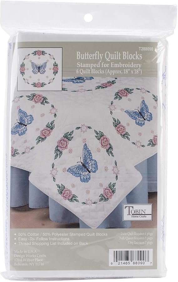 Butterfly/Rose Stamped for Embroidery Quilt Blocks - Set of 6