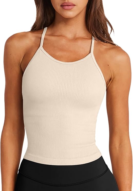 LASLULU Womens Sports Bra Seamless Long Tank Spaghetti Strap Workout Bra