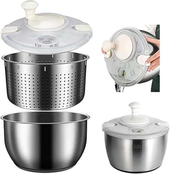 Stainless Steel Salad Spinner, Lettuce Spinner with Drain 5.3 QT