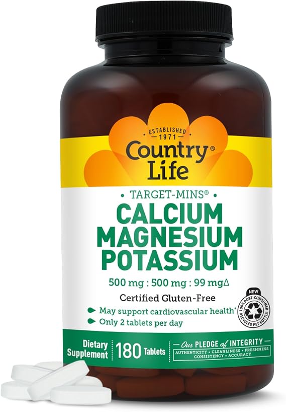 Country Life Target Mins - Calcium Magnesium Potassium Bone & Heart Health Supplement, 1000mg Calcium, 500mg Magnesium, Supports Calcium Utilization, 180 Tablets Certified Gluten Free & Vegan | 500 mg calcium, 500 mg magnesium and 99 mg potassium per 2-tablet serving; certified gluten-free