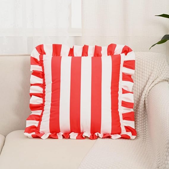 Striped Pillow Cover 18x18 Inch Ruffled Edge Cushion Case for Sofa Bedroom Decor, 1 Piece (Red White)