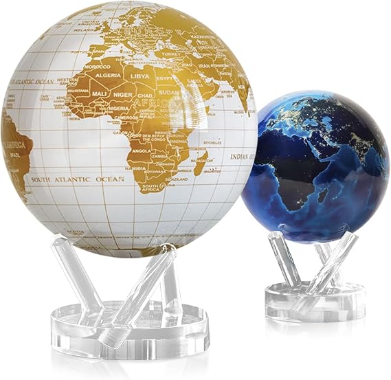 MOVA Globe Bundle Pearl White and Gold 8.5 + Earth at Night 4.5 | Solar-Powered Rotating Globes | No Batteries or Cords | Modern Luxury Meets City Lights Decor Gift