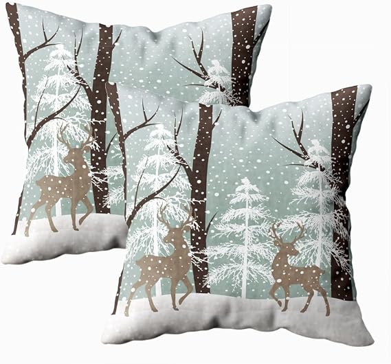 EMMTEEY Christmas Winter Pillow Covers 20X20 Wonderland Snowflake Pillow Covers Set of 2 Winter Landscape Deers Snow and Tree Soft Decorative Pillow Cover with Zipper for Sofa Couch Outdoor/Indoor