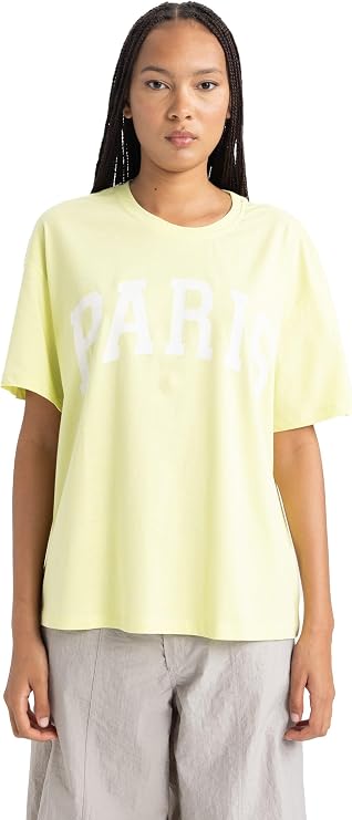 DeFacto Women's Oversize Fit Bike Collar Short Sleeve 100% Cotton T-Shirt