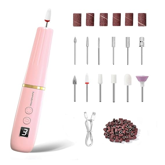 Professional Electric Nail Drill File, Cordless Nail Drill Machine kit for Acrylic Gel Dip, 12 in 1 Nail Machine Kit Portable Rechargeable Manicure Pedicure Tools for Home Salon(Pink)