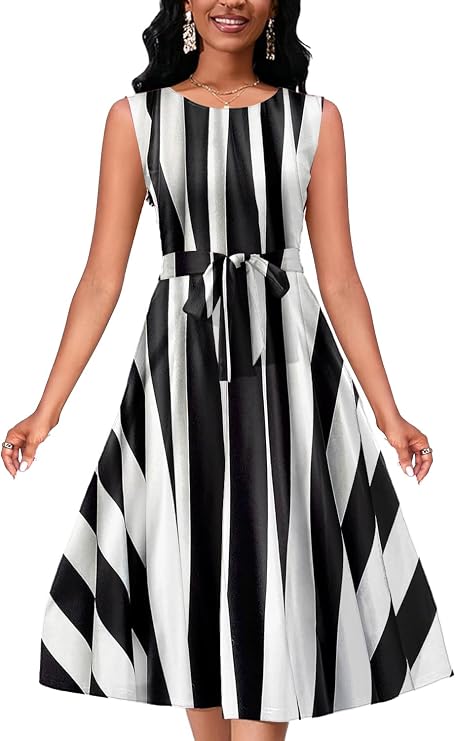 PerZeal Women's Casual Floral Printed Sleeveless Dress for Women Round Neck Flowy Party Midi Dresses