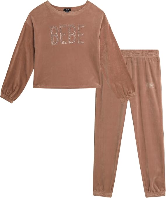 bebe Girls 2 Piece Bling Velour Long Sleeve Shirt & Jogger Pants Set 7-12