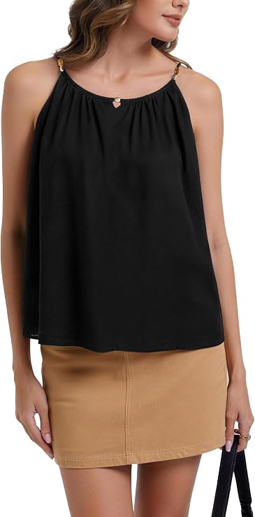 Women's Spaghetti Strap Tank Tops Trendy 2026 Solid Color Sleeveless Casual Tie Back Summer Tops