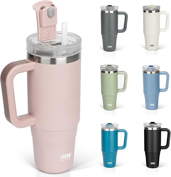 TYESO Vacuum Insulated Tumbler Water Bottle Cold Insulation Stainless Steel Bottle Straw Handle Mug Double Wall Wide Mouth (LIGHT PINK, 40 oz)