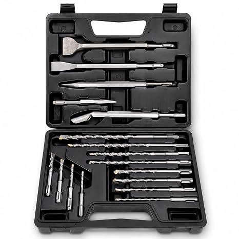 XtremepowerUS 17-Piece SDS-Plus Rotary Hammer Drill Bits and Chisel Set, Carbide-Tipped Masonry Drill Bits & Chisels for Concrete, Brick, Stone, with Storage Case