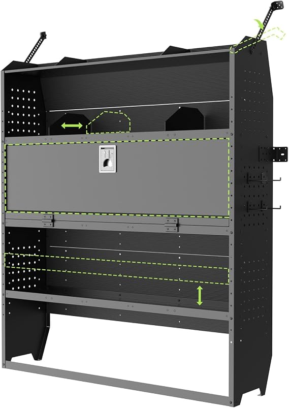 StarONE Heavy-Duty Adjustable Van Shelving with Lockable Door and Hooks, 52" W x 60" H x 13" D, Fit for Transit, Promaster, Chevy Express, Sprinter Mid/High Roof, Cargo Van Storage for Jobsite Tools