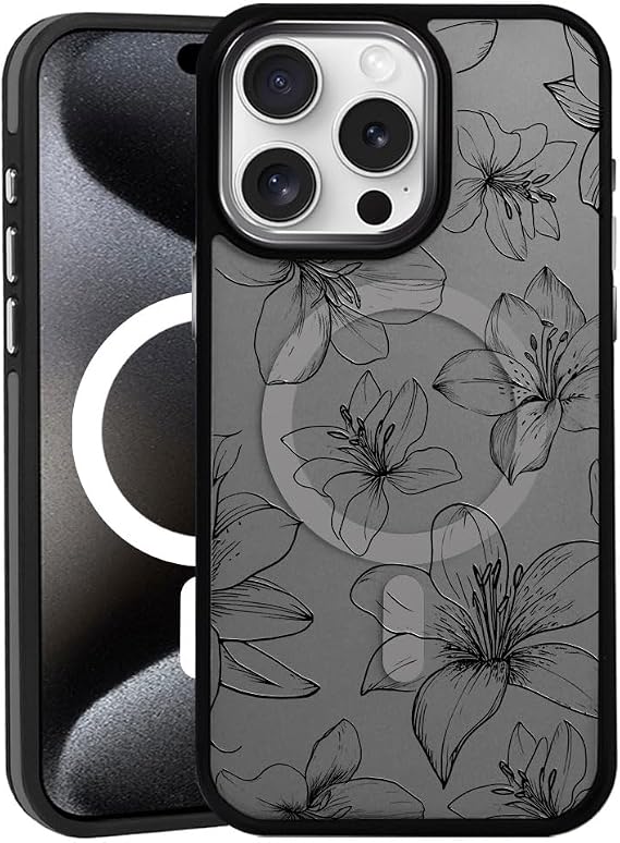 DAIZAG Magnetic Case for iPhone 13, [All-Around Shockproof Corners] [Compatible with MagSafe], Black Translucent Matte Cover,Black Lily Flower Floral Aesthetic