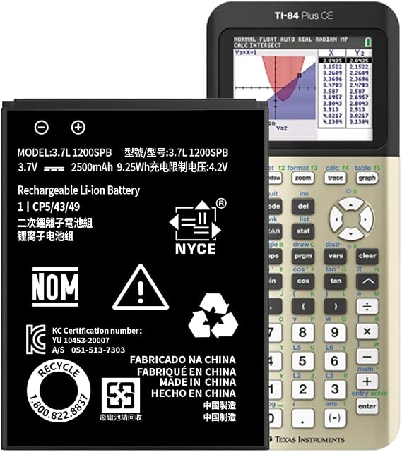 TI-84 Plus CE Replacement Battery for Texas Instruments TI-84 Plus CE,TI Nspire CX,CX II,TI Nspire CX CAS,CX CAS II Part No 3.7L 1200SPB N:P11P35-11-N01 3.7V 2500mAh