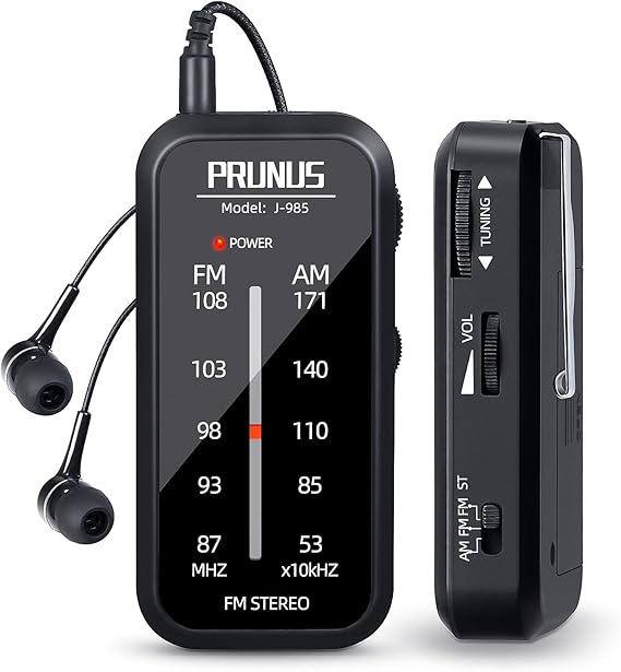 PRUNUS J-985 Pocket Radio Mini AM FM Stereo Radio Portable Battery Radio | Includes Headphones, with Back Clip and Signal Indicator, Operated by AAA Batteries for Emergency,Walking,Running