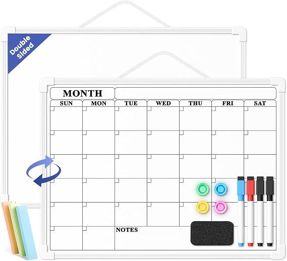 Monthly Whiteboard Calendar for Wall, Small 16" x 12" Dry Erase Board with Plastic Frame, Hanging Dry Erase Calendar with 3 Mini Sticky Notes for Kitchen Planner, Memo, Home and Office