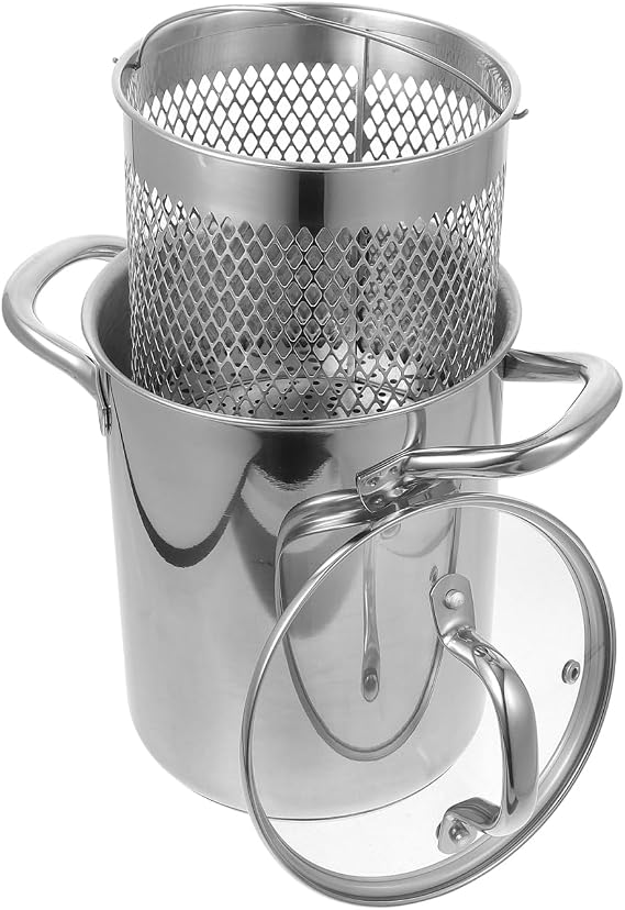Stainless Steel Deep Fryer Pot with Lid and Basket Tempura Small Deep Frying Pot Japanese Tempura Fryer with Oil Drip Drainer Rack and Glass Lid for French Fries Chicken 4000ml/36qt