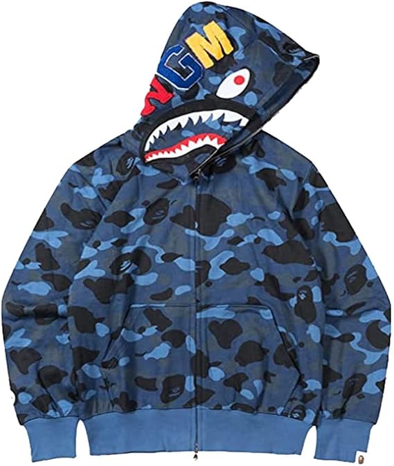 Men's Shark Mouth Fashion Hooded Sweatshirt Zipper Long Sleeve Hip Hop Street Wear Style Hinges Camouflage