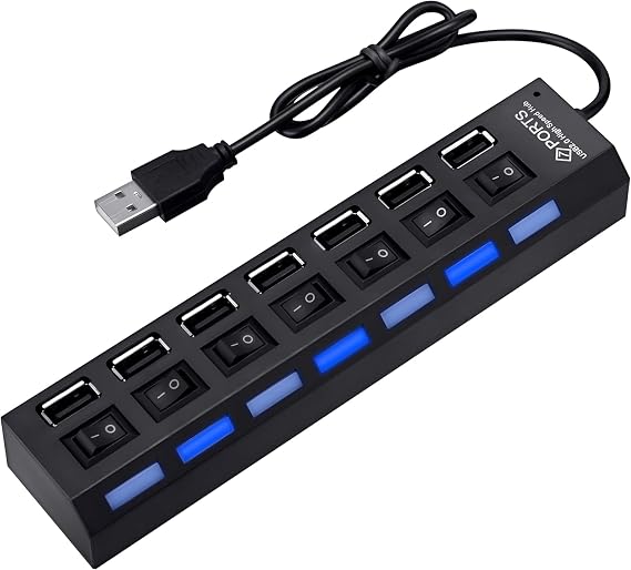 Multi Port Splitter, 7 Port USB 2.0 Hub, USB A Port Data Hub with Independent On/Off Switch and LED Indicators, Lights for Laptop, PC, Computer, Mobile HDD, Flash Drive for All USB Device