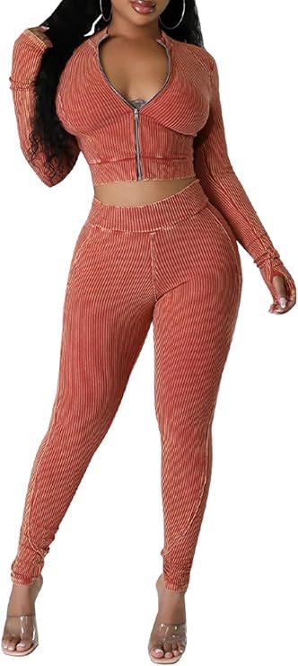 Ecirod Workout Sets for Women 2 Piece Outfits V Neck Zipper Long Sleeve Crop Tops Ribbed High Waist Leggings
