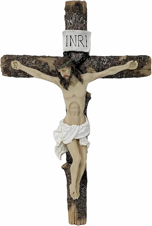 JRose Collections Crucifix Wall Cross 24cm – Jesus Christ INRI Resin Wall Hanging Cross, Detailed Christian Religious Wall Décor, Rustic Wood Effect Catholic Cross for Home Prayer Room Church Display