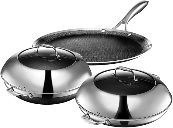 HexClad Hybrid Nonstick 5-Piece Cookware Set, 35 cm Pan with Lid, 35 cm Wok with Lid, and 30 cm Griddle, Stay-Cool Handles, Dishwasher and Oven-Safe, Induction Ready, Compatible with All Cooktops
