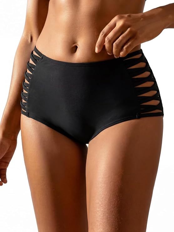 RELLECIGA Women's Strappy High Waisted Tummy Control Bikini Bottom